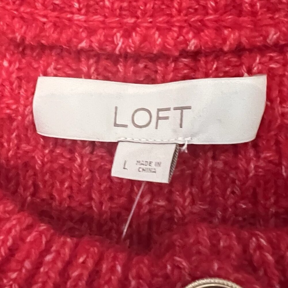 LOFT Women's Stitchy Sweater Jacket Size Large Cardigan Red Silver Knit - Picture 4 of 8